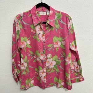 Pink Floral 100% Linen Tunic Top Long Sleeve Button Front Colorful Beach Size M